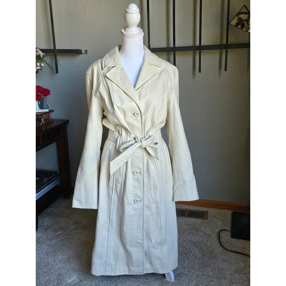 Wilsons Leather Trench Coat Womens Medium Cream Belted Longline Jacket